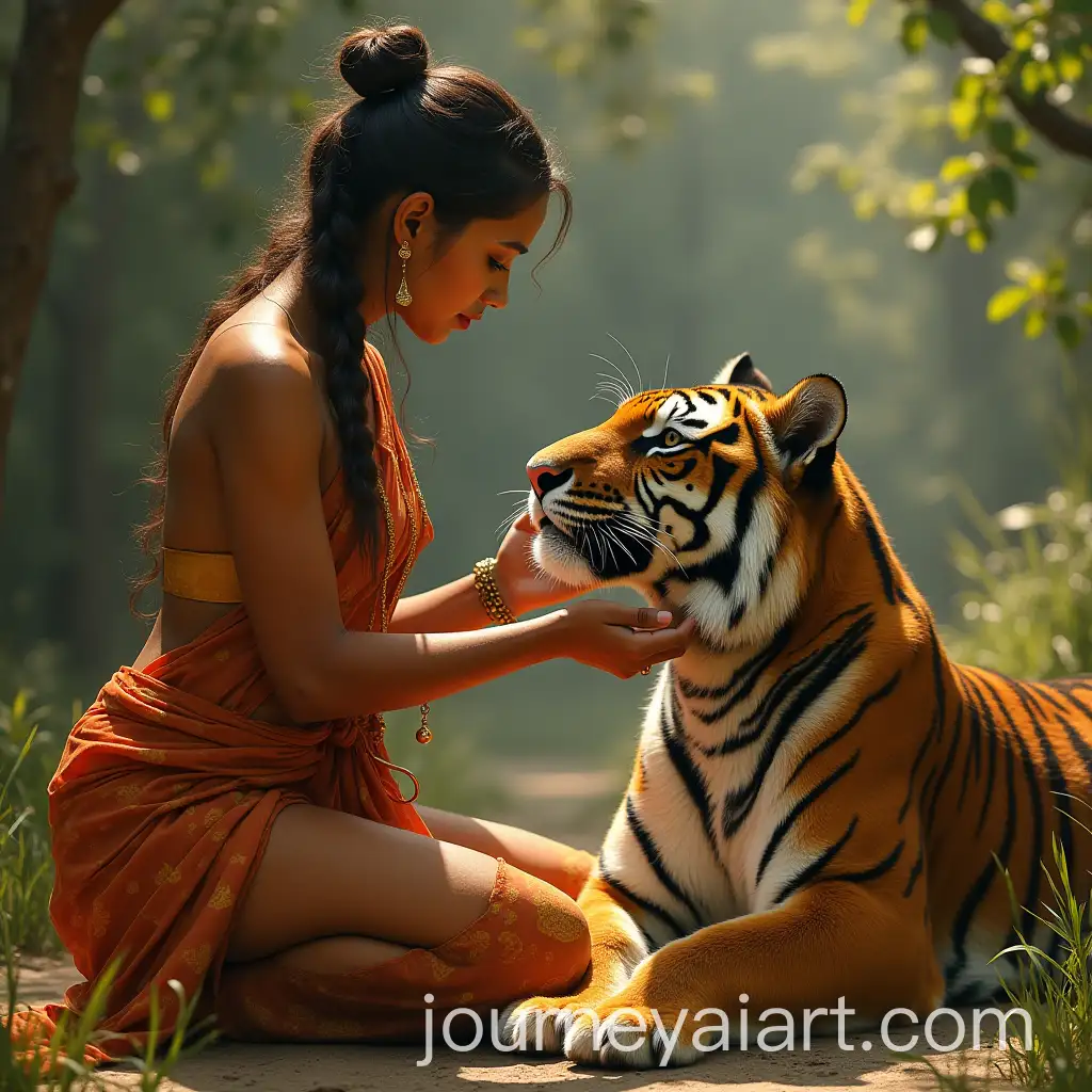 Earthly-Apsara-Tenderly-Petting-a-Tigress-in-a-Serene-Natural-Setting