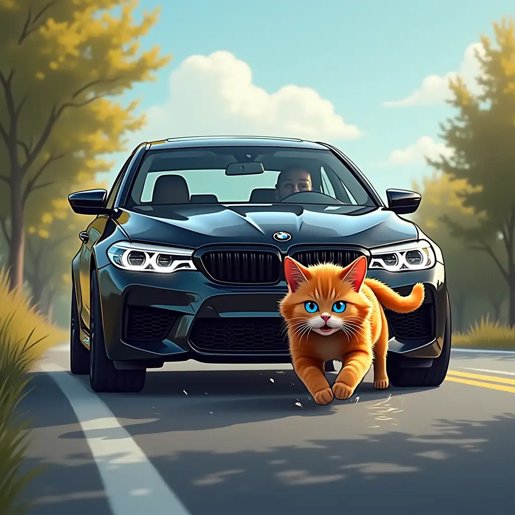 tinted windows, black BMW M5 chasing a fluffy red cat, who is running in fear along the road, with blue eyes, comic