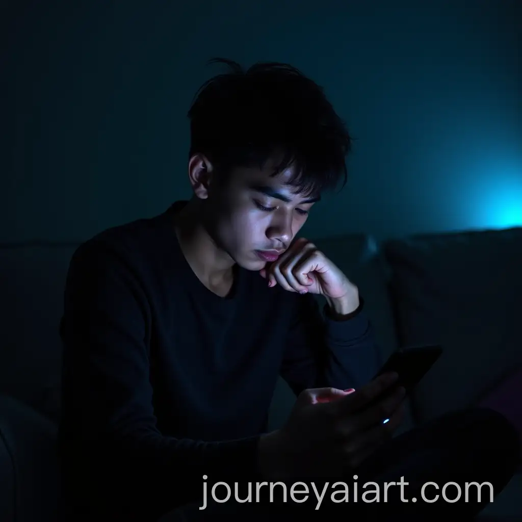 Young-Man-Focused-on-Mobile-Phone-in-Dimly-Lit-Cyberpunk-Room