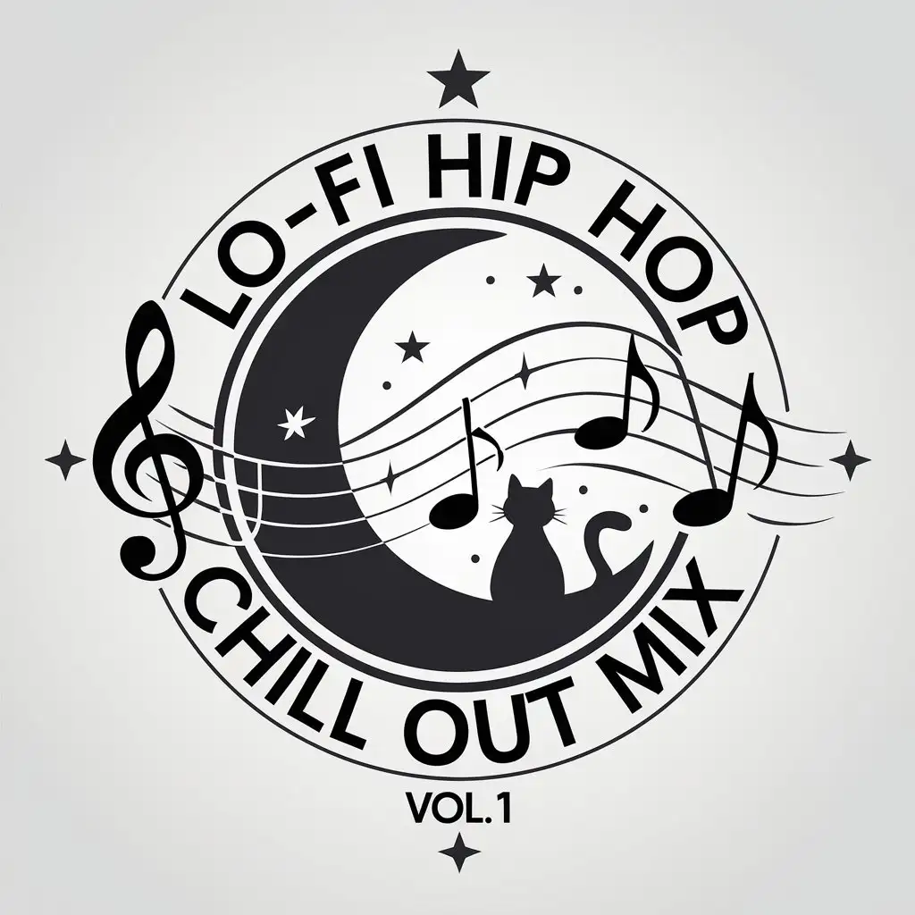 LOGO Design for Lofi Hip Hop Chill Out Mix Vol1 Monochrome Moon Cat Stars and Musical Notes Theme