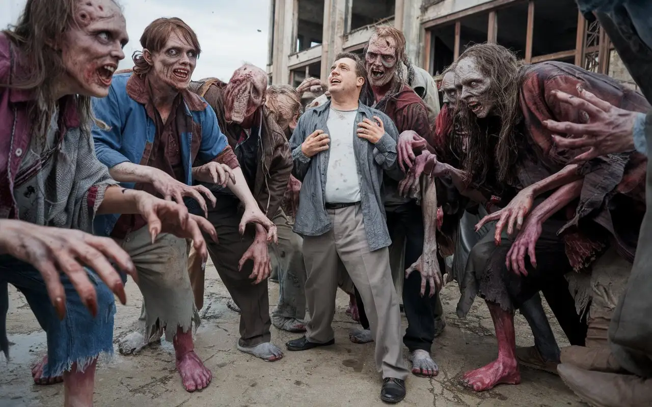 Man-Surrounded-by-Grotesque-Zombies-in-a-Chilling-HyperRealistic-Horror-Scene