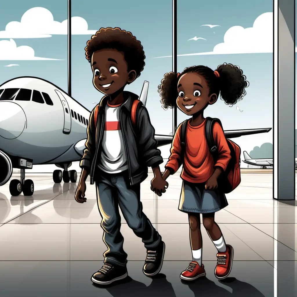 Childrens Illustration Black Brother and Sister at the Airport