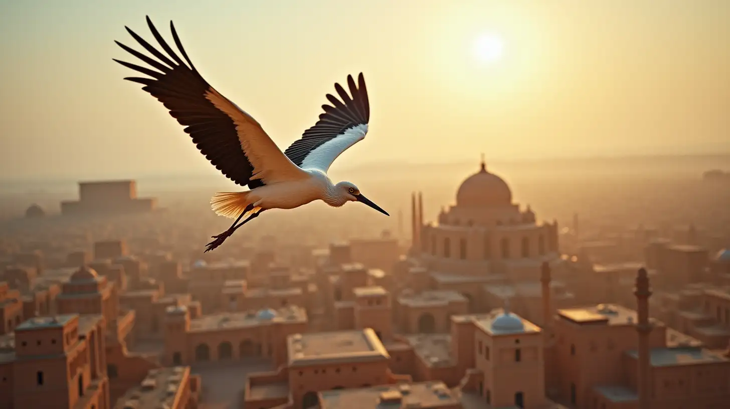 Birds Eye View of a Stork in Flight Over an Ancient Desert City