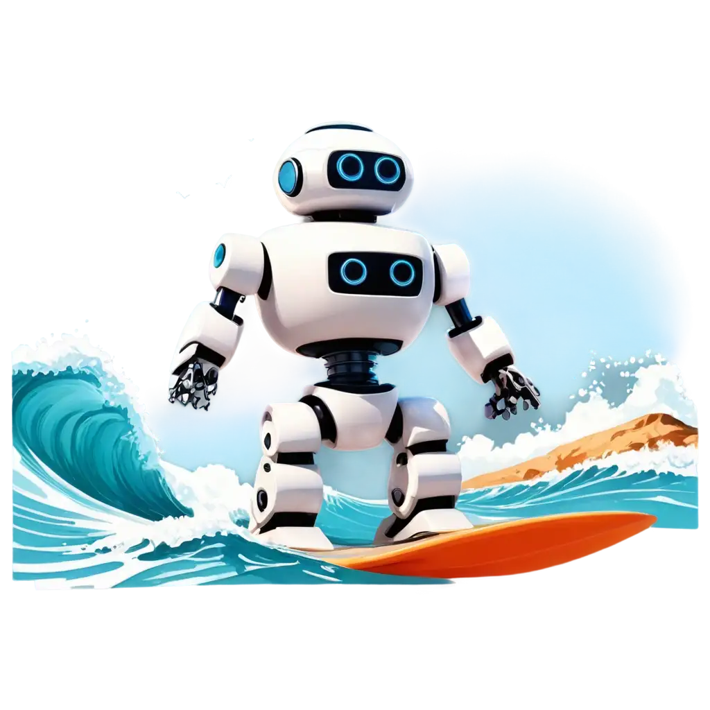 a robot riding the  wave in a sunny day at beach in cartoon style