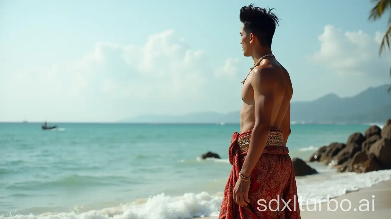 An image of Betoambari, a dashing young man in traditional Javanese dress, standing by the beach looking out to sea.