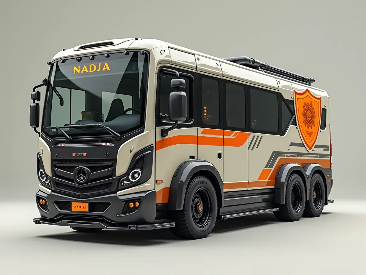 Supermodern utopian armed Sport Bus with a shield with the name  NADJA, orange stripes on the side with gears, lowered body, 18-inch wheels, aluminum rims, cream silver black Cyberpunk.