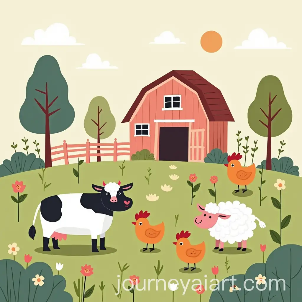 Whimsical-Farm-Scene-with-Cow-Sheep-Chickens-and-Pastel-Flowers