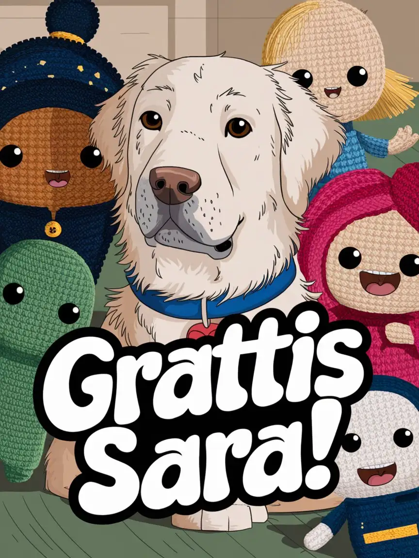 Cool text 'Grattis Sara!'. Amigurumi and a white golden retriever in the background