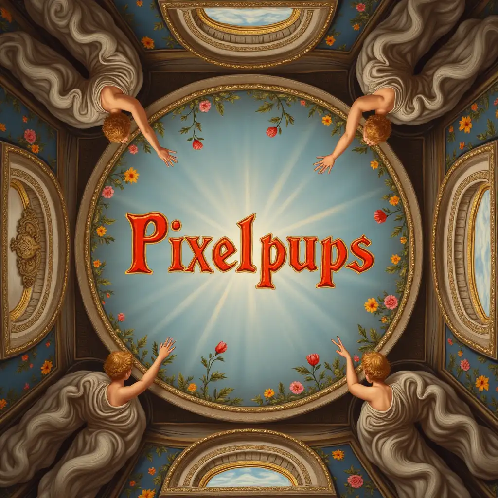 The view from the floor to the ceiling of the Sistine Chapel Leonardo da Vinci is painting the ceiling of the Sistine Chapel, he is painting a lettering 'Pixelpups' painted angels with ornaments and flowers, the angels are pointing at the lettering from all sides and Leonardo is just completing the last brush stroke . do everything in great detail