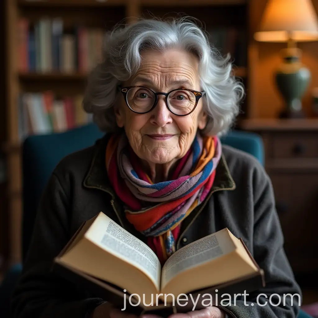 Elderly-Woman-Reading-an-Ancient-Book-in-a-Cozy-Home