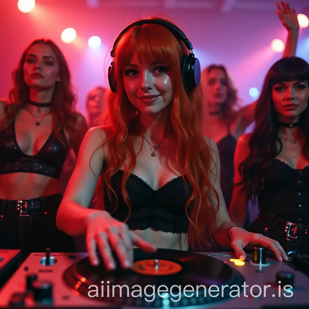 Smiling-Redhead-DJ-in-90s-Discotheque-with-Gothic-Girls-Dancing