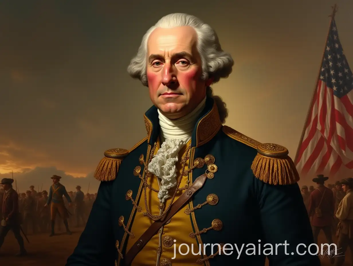 George-Washington-in-Colonial-Military-Uniform-with-American-Flag-and-Battlefield-Background