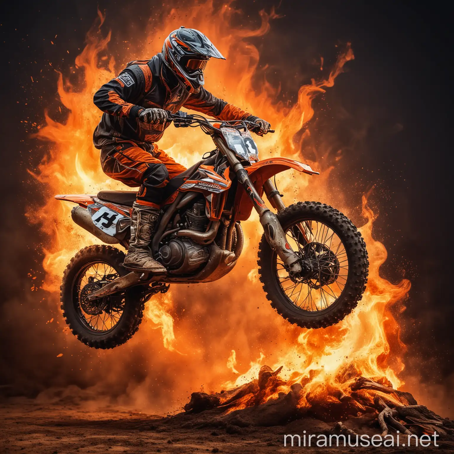 Thrilling Motorcross Jump with Blazing Fire Background Vector Image