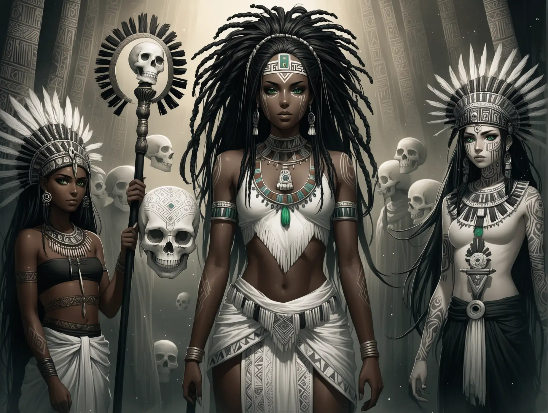 Fantasy-Aztec-Woman-with-Skull-Makeup-and-White-Tattoos