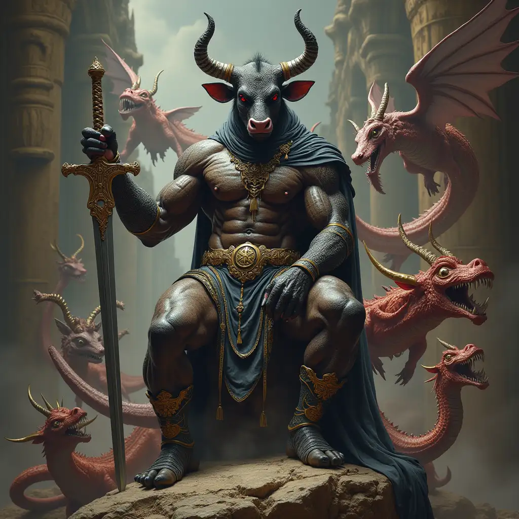 ultradetailed hyperrealistic portrait blackbrown cowpattern bodybuilder with horns and snakeskin, with a sword on a rock in a palace with various strange creatures with intricately detailed, colorful