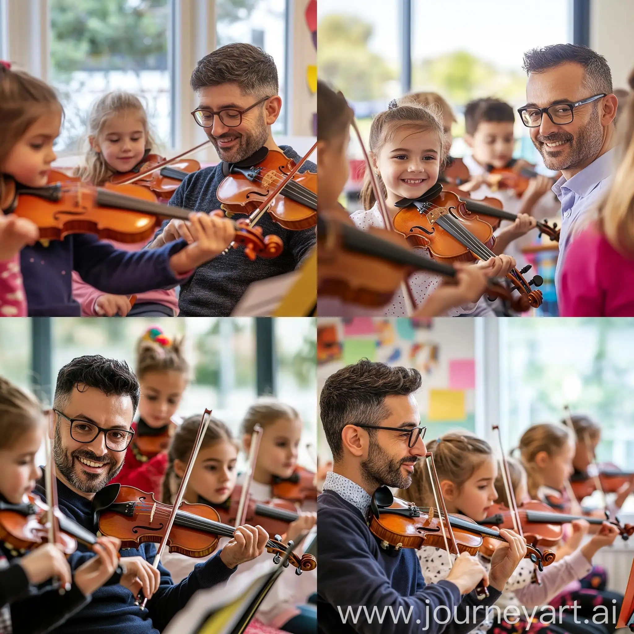 Cheerful-Children-Learning-Violin-in-Bright-Classroom-Setting