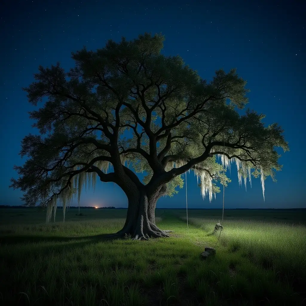 Night-Photography-of-Ancient-Oak-Tree-in-Southern-US-Landscape-with-Spanish-Moss