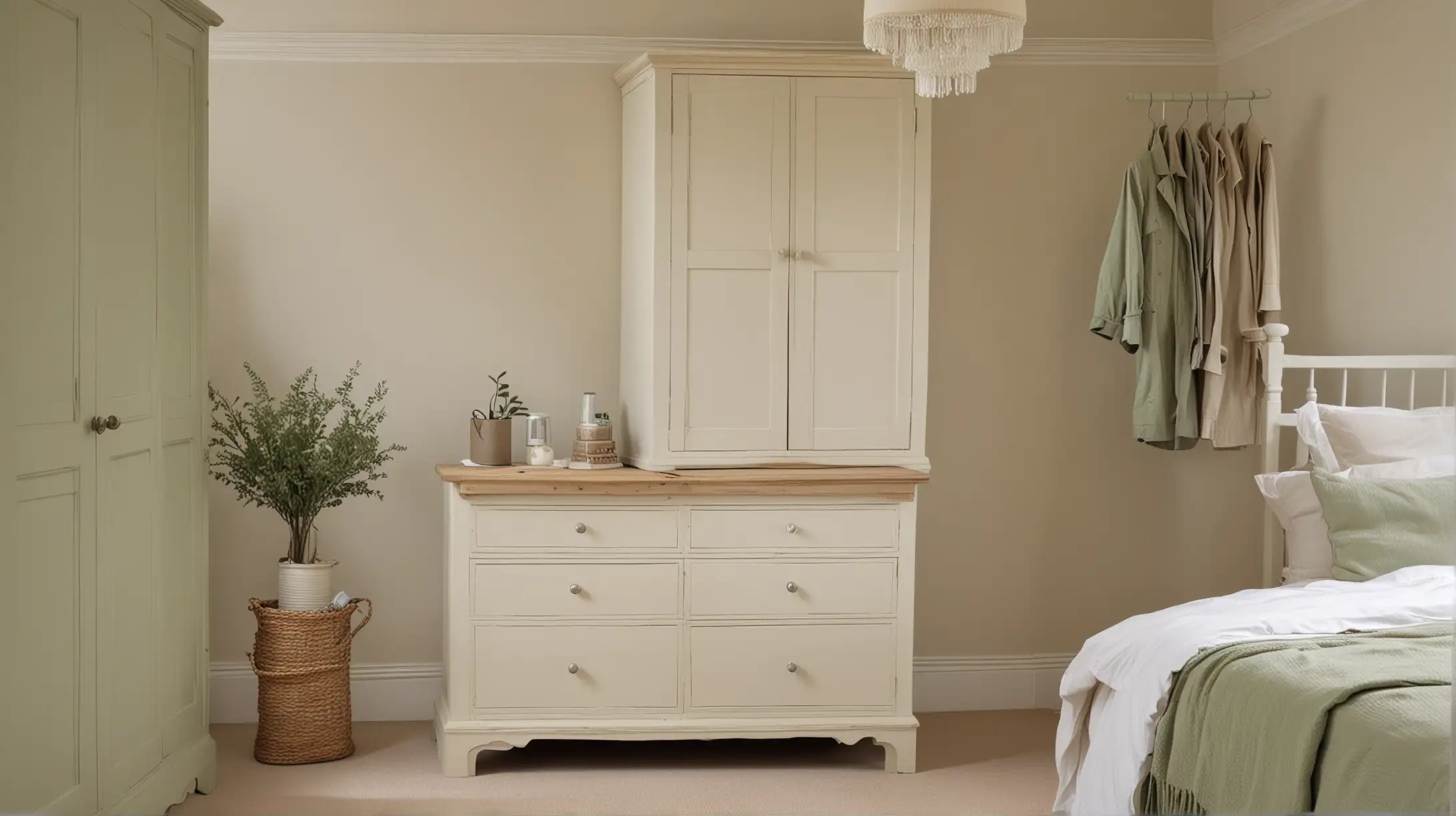 Light Airy Bedroom with Simple White Country Wardrobe and Sage Lampshades