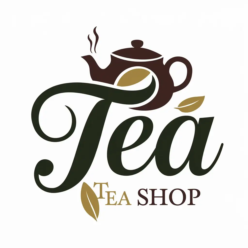 Design a sophisticated and inviting logo for a tea shop where the letter 'a' in the word 'Tea' is creatively shaped like a teapot. Use elegant, serif or script typography for the word 'Tea' to convey tradition and warmth. Incorporate a color palette of deep green, brown, or gold to reflect natural and organic tea leaves. Add subtle details like steam rising from the teapot 'a' or a few tea leaves to enhance the theme. Ensure the logo is versatile and works well in both color and black-and-white formats for various applications.