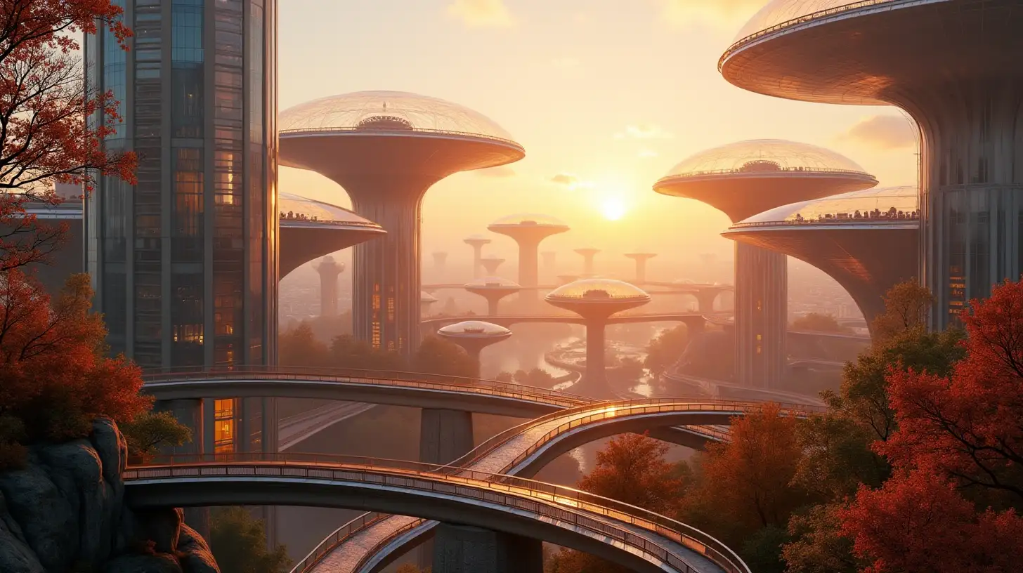 the view of an ultramodern future city, round towers, transparent spheres, overhead passages in transparent covers, steel, glass, gold, copper, sunset, autumn