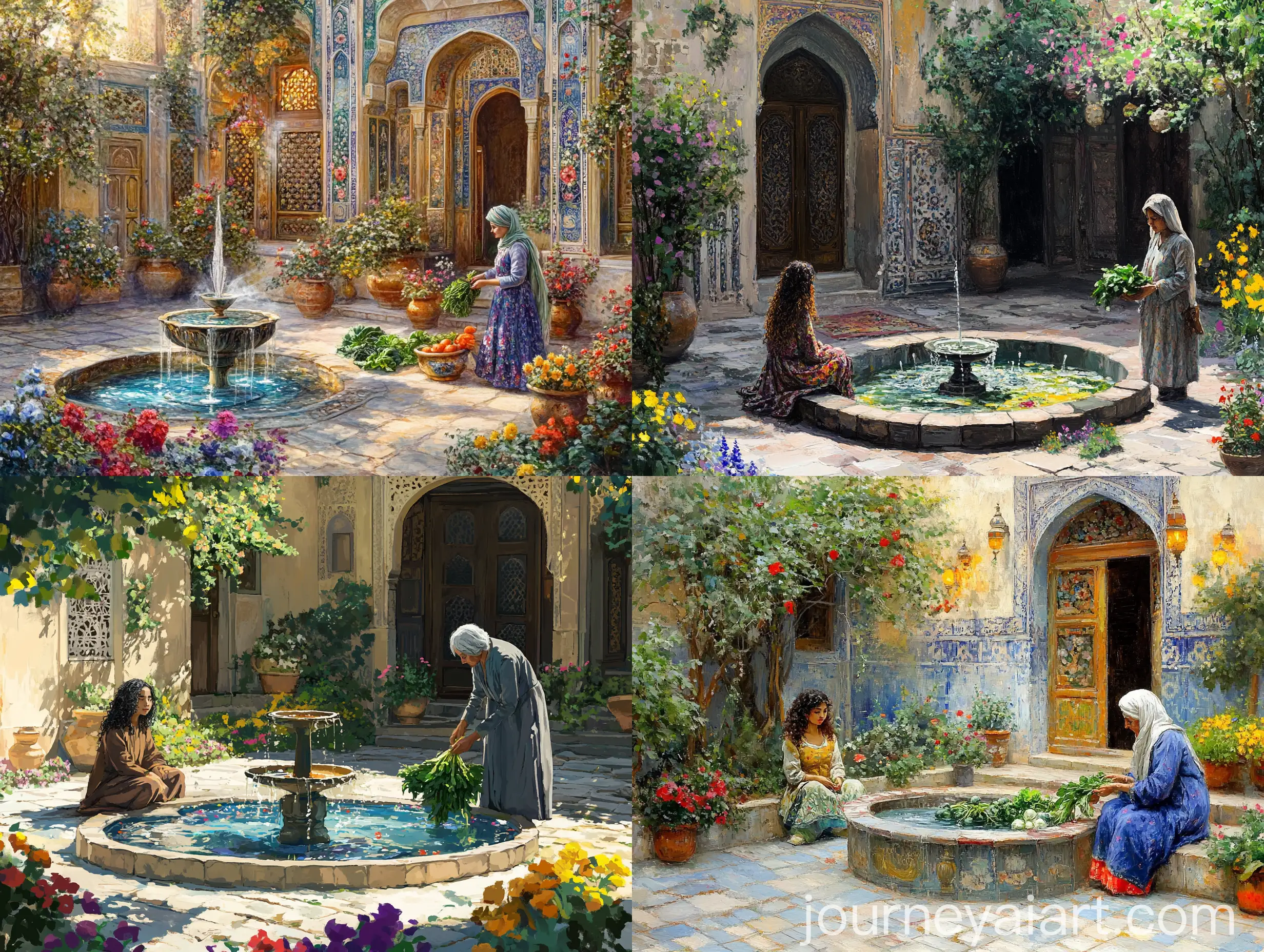 Persian-Woman-and-Girl-in-Historic-Kashan-House-Garden