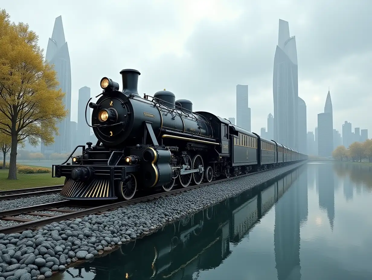 Create a high-resolution realistic image in 4k resolution, a futuristic black and gold locomotive on silver tracks and in the city with trees by a lake with futuristic tall buildings in a cloudy sky