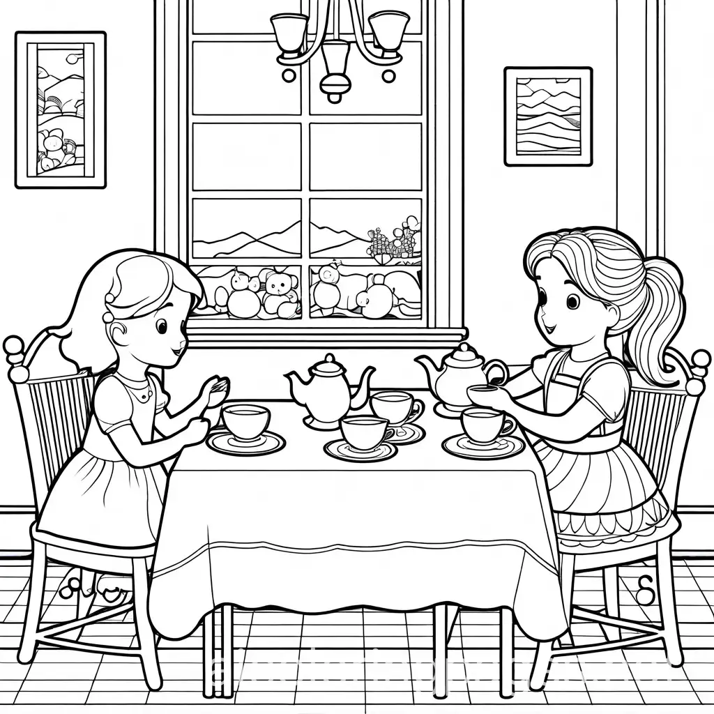 Girls-Enjoying-a-Tea-Party-with-Stuffed-Animals-in-a-Simple-Coloring-Page