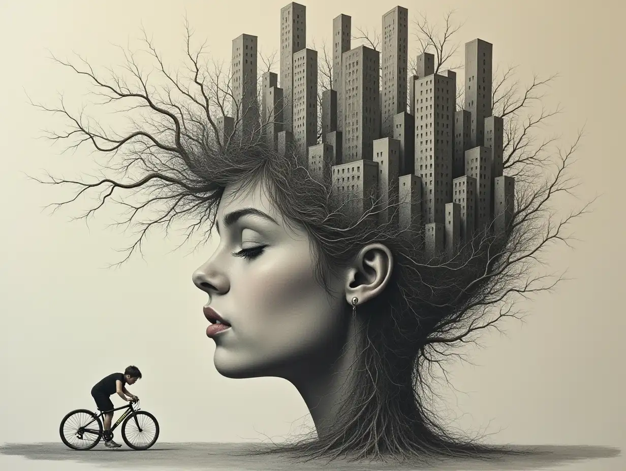 Face with hair transforms into building with bicycle