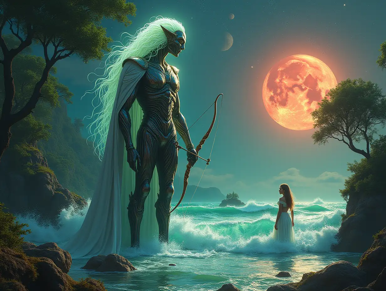 Hyperrealistic portrait of an alien king 15 meters tall with metal hair white and green glowing with bow in the sea before a 2 meter beautiful woman with very big waves on a rock with giant plants   the elaborately detailed, colorful forested planet with giant trees with moon stars and red clouds background