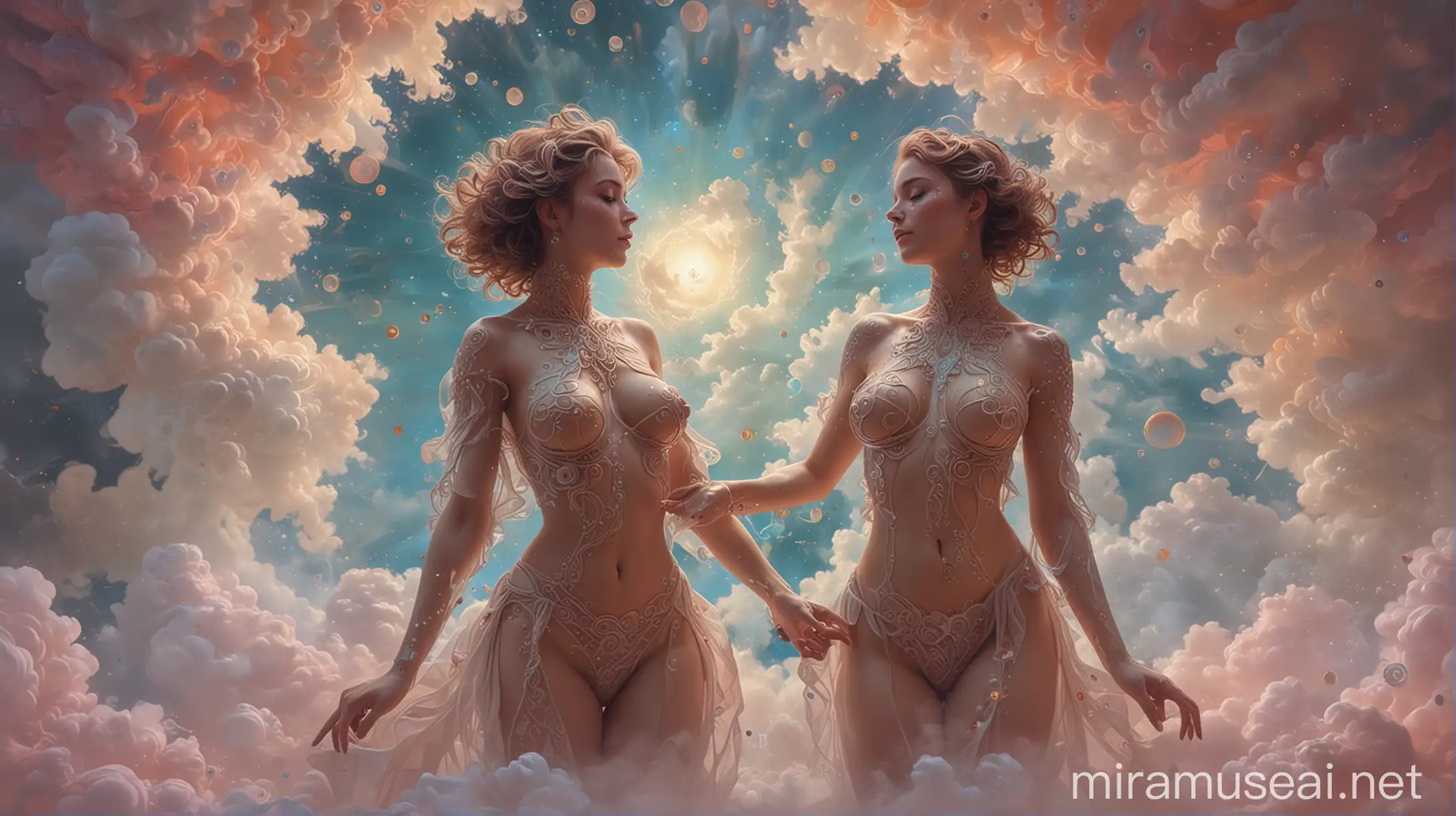 Surreal Oil Painting of Psychedelic Dreamlike State with Silhouetted Humans in Rococo Style