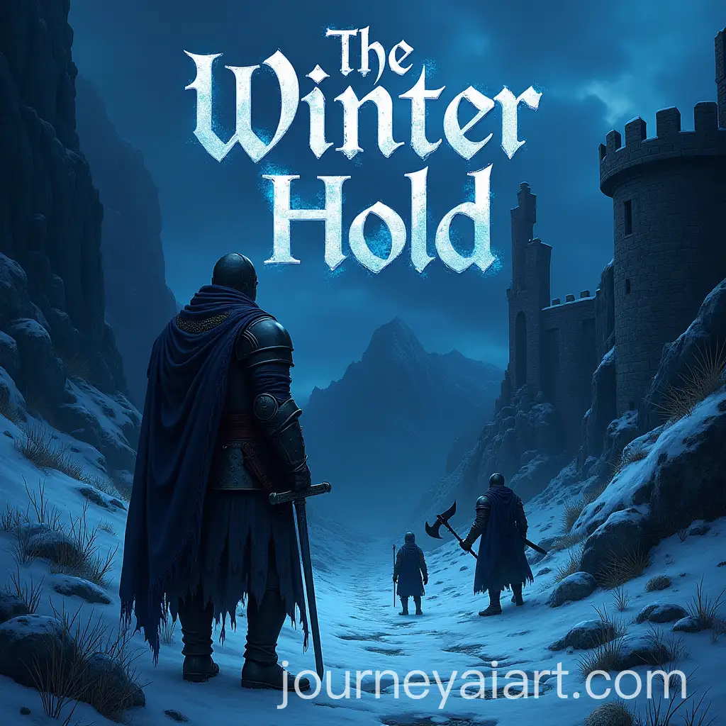 Dark-Medieval-Fortress-with-Knight-and-Squire-in-Snowy-Mountain-Pass