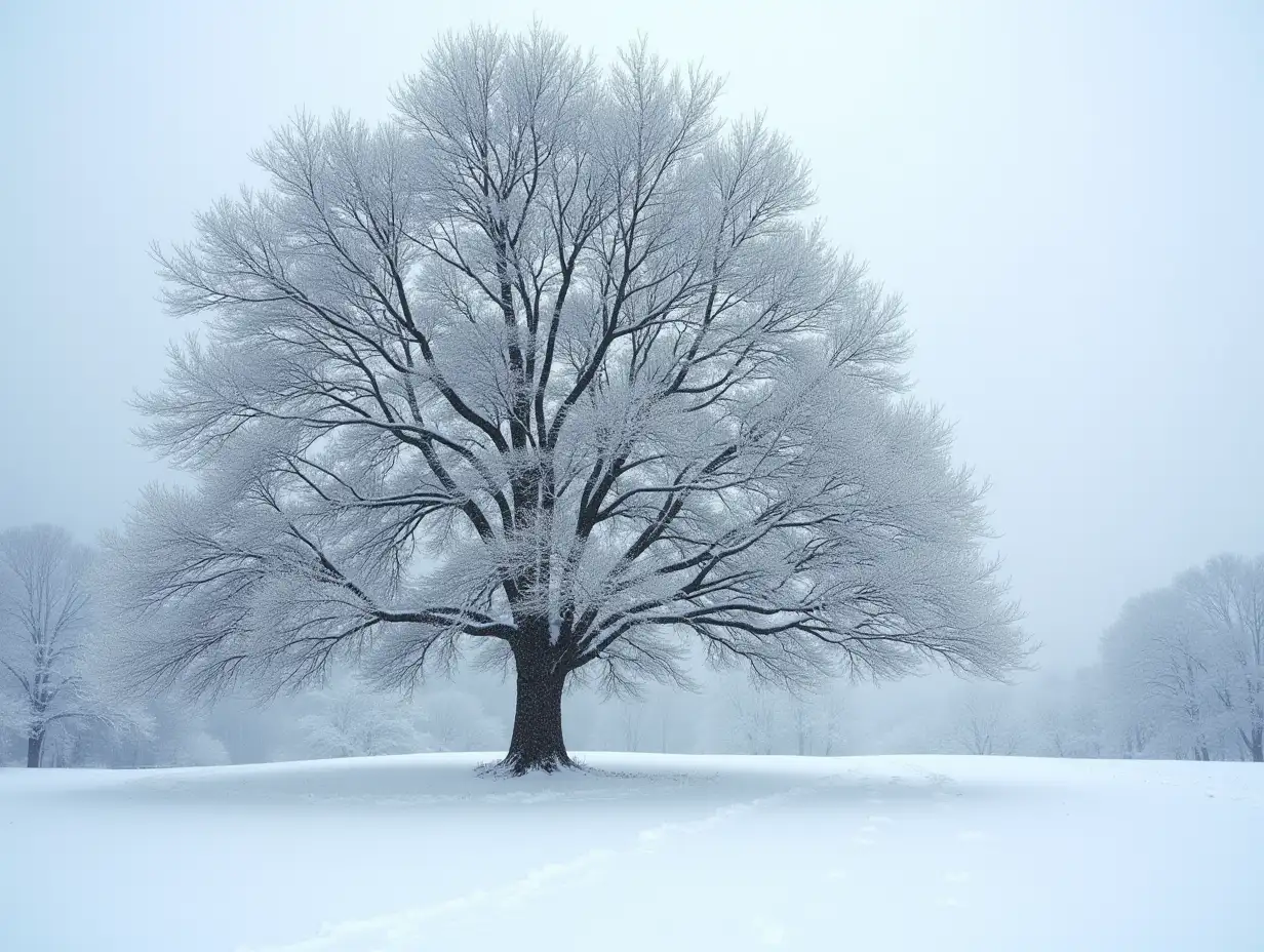 Falling snow world, a big tree in the snowfield,