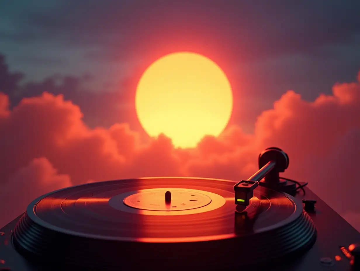 David Bowie Starman theme as the most beautiful sun you've ever seen bright and shining to help guide to the light with Kanye West graduation vibes on a record player hip hop cover album with bright beautiful colors with a beautiful sky background