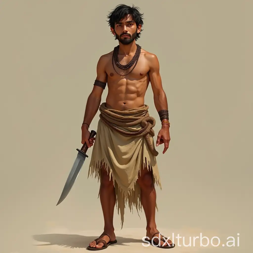 Realistic, 30 year old Arab boy topless with chest hair in loincloth sandals and small knife