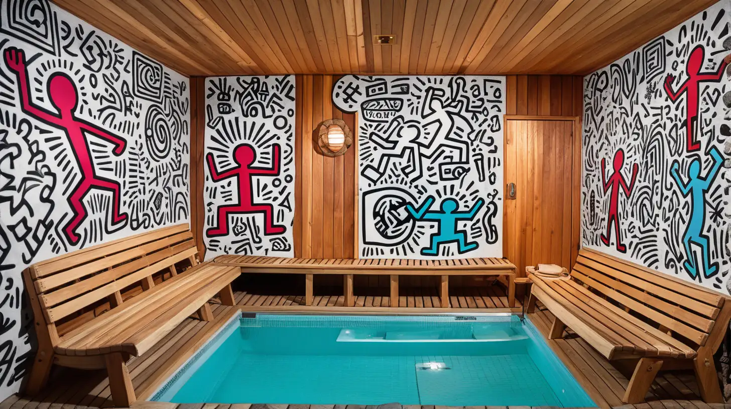 Vibrant Keith Haring Inspired Art Design for Sauna Wall Decor