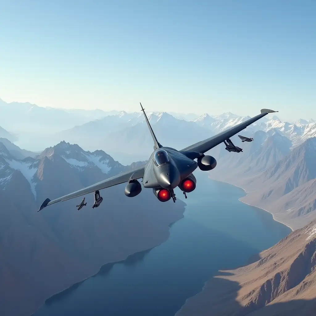 Fighter jet is flying in the mountains of Tajikistan