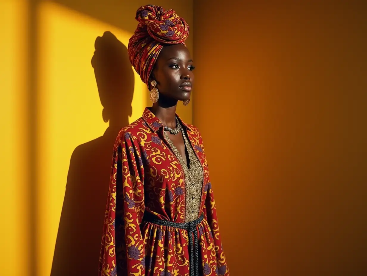 AI African woman with headscarf and long bright colorful clothing light shadows