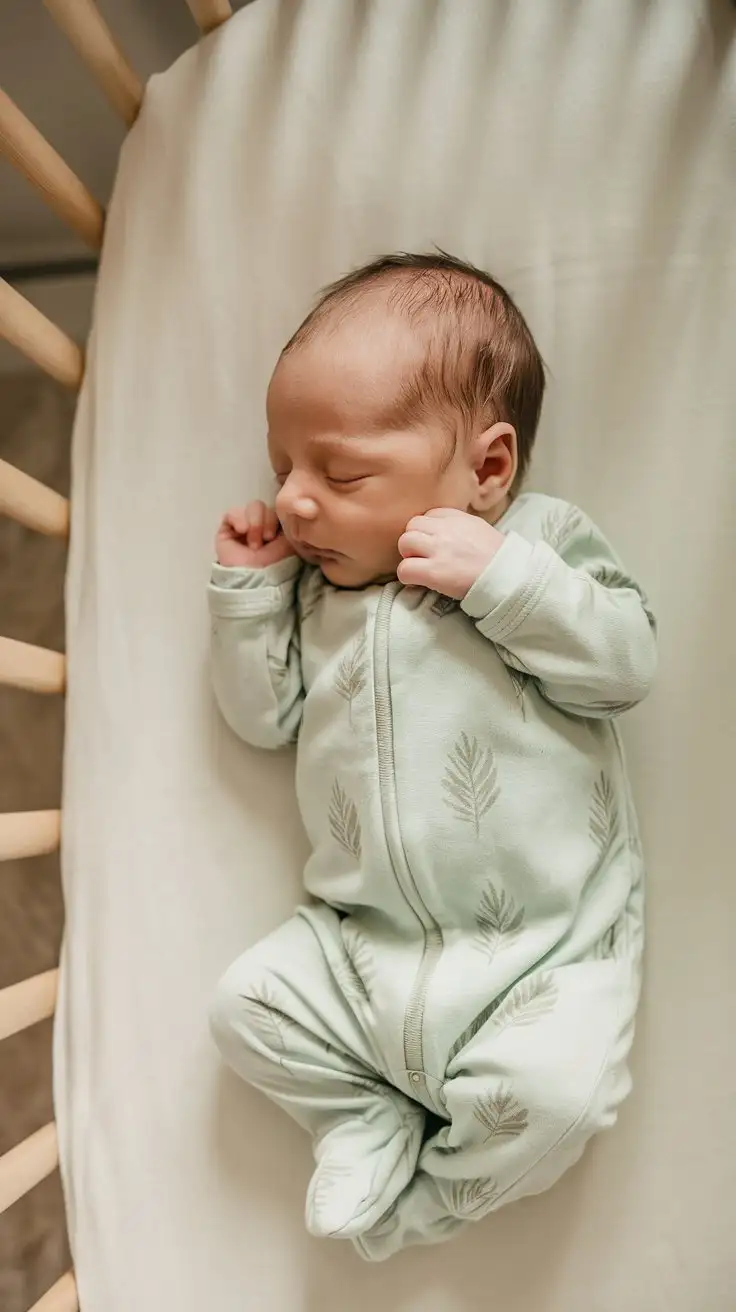 Top-down view of a newborn baby boy, 3 weeks old, sleeping peacefully in a white crib with wooden bars, wearing a light green organic cotton sleepsuit with a subtle leaf print, hands tucked near his face, eyes closed, soft overhead lighting, focus on the baby, serene, gentle, peaceful