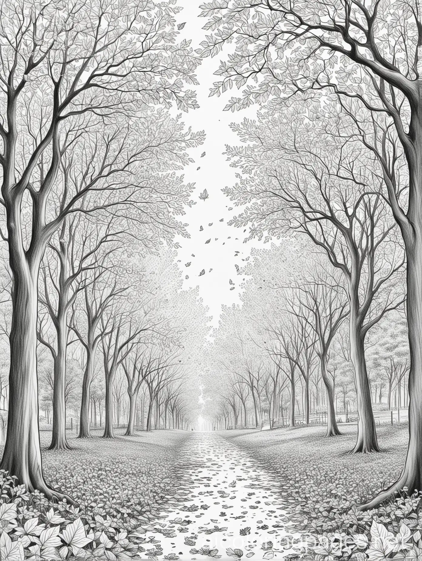 leaves falling from trees in a park, black and white, line drawing, white space, Coloring Page, black and white, line art, white background, Simplicity, Ample White Space. The background of the coloring page is plain white to make it easy for young children to color within the lines. The outlines of all the subjects are easy to distinguish, making it simple for kids to color without too much difficulty