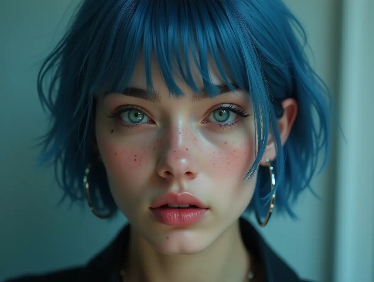 Ultra-realistic portrait of a young woman (20-26 years old), short straight blue hair, fair skin with freckles, a beauty mark on her left cheek, slightly slanted intense eyes, delicate facial features, long eyelashes, cyberpunk-modern elegant style, tattoo on her ear, cinematic lighting, 8K, hyper-detailed.