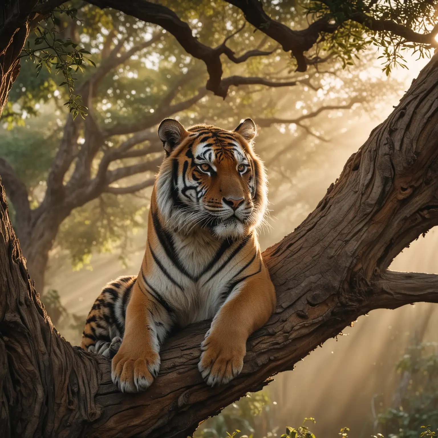 foggy morning. africa.very close up a tiger sits on the a big old tree, rising sun on background. sun rays. a picture, trending on pexels, fantastic realism, taken using a Canon EOS R camera with a 50mm f/ 1. 8 lens, f/ 2. 2 aperture, shutter speed 1/ 200s, ISO 100 and natural light, Full Body, Hyper Realistic Photography, Cinematic, Cinema, Hyperdetail, Ultrahd, Colour Correction, ultrahd, hdr, color grading, 8k