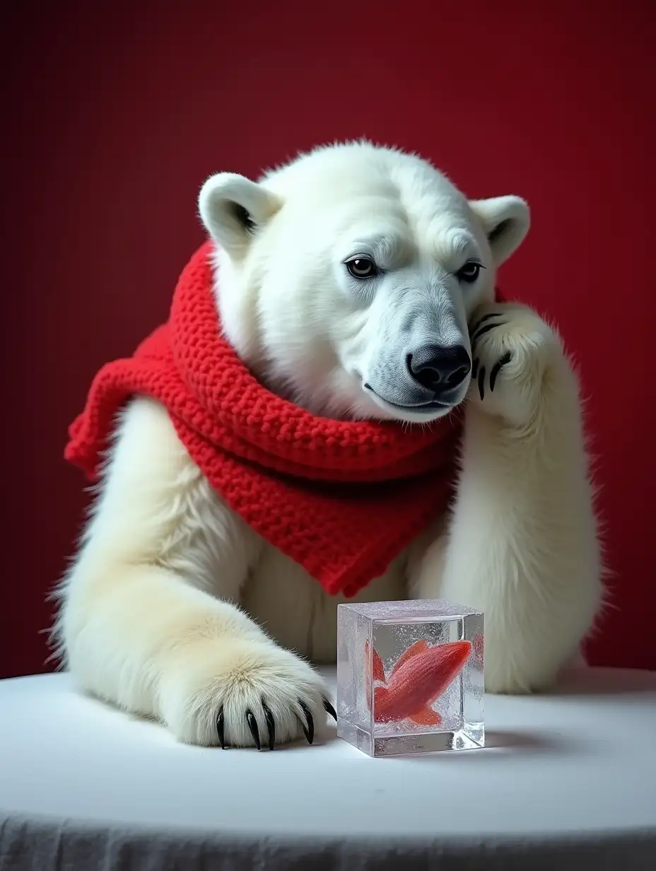 A Studio photo of a huge polar bear with snow-white fur sitting at a table. The bear is wearing a bright red scarf. The bear is crying. On the table in front of the bear is a huge transparent ice cube with frozen fish. The bear is propping up his head with one paw and looking sadly at the table. The polar bear has a very sad expression on his face, with envy and boredom in his eyes. The whole scene conveys a wintery, melancholic mood. Deep red background.