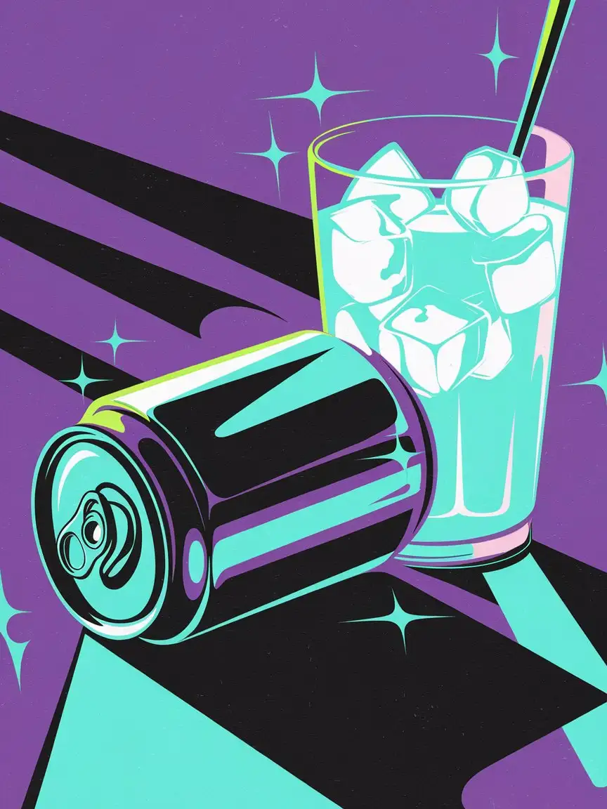 Vibrant-Retro-Illustration-of-Soda-Can-and-Blue-Drink-with-Ice-Cubes