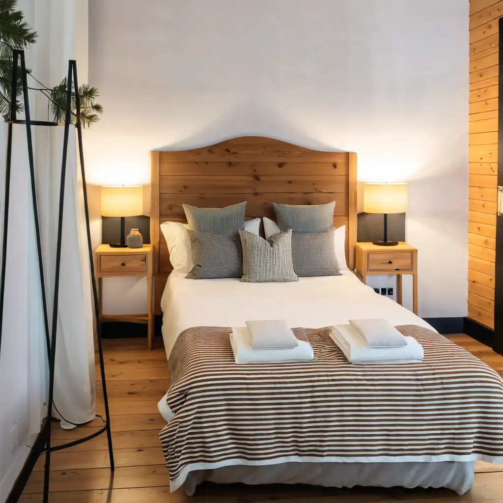 bedroom with a bedside table with lamp. The duvet is earth colored and the floor is pine colored wood.