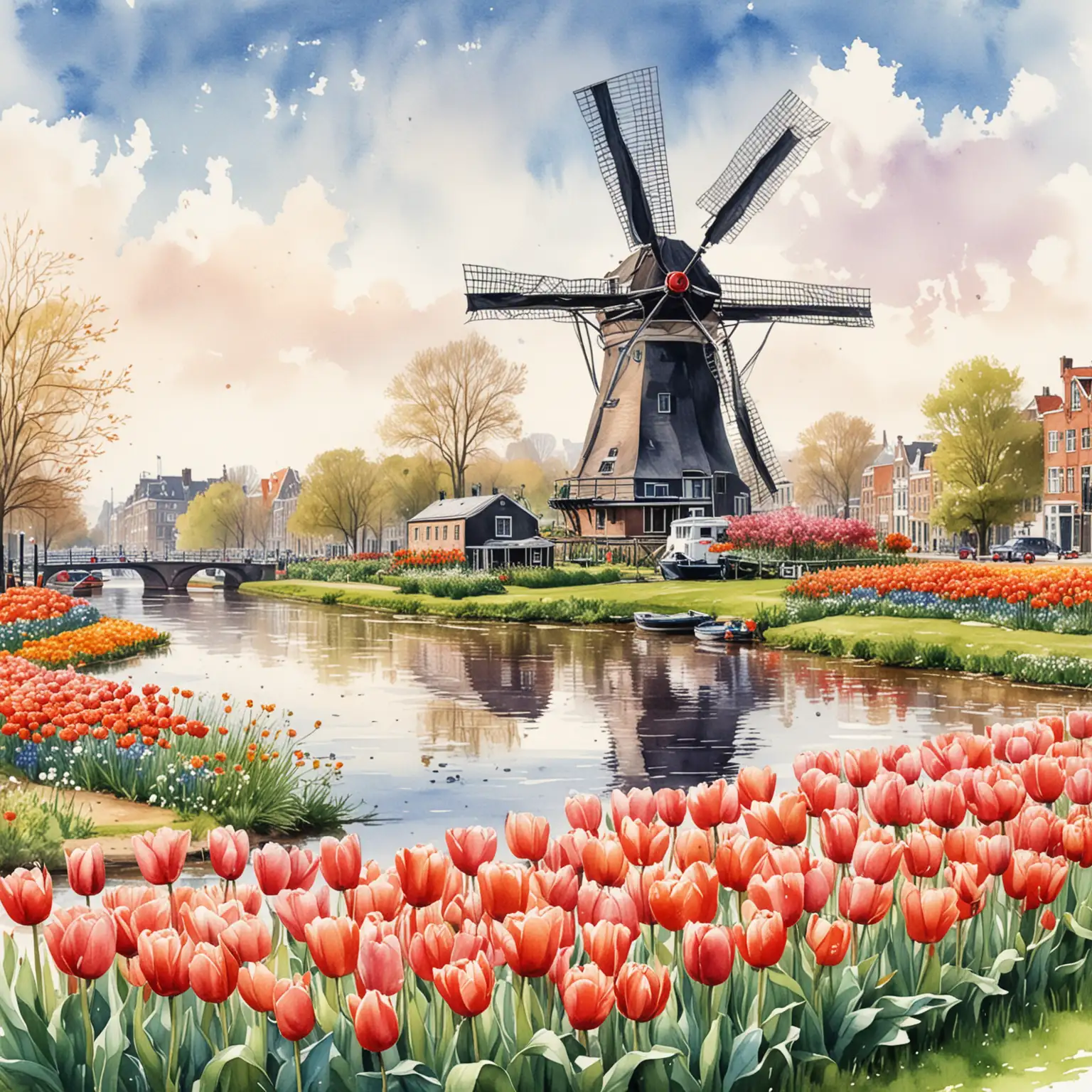 Windmill in Dutch Countryside with Amsterdam Canals and Tulips