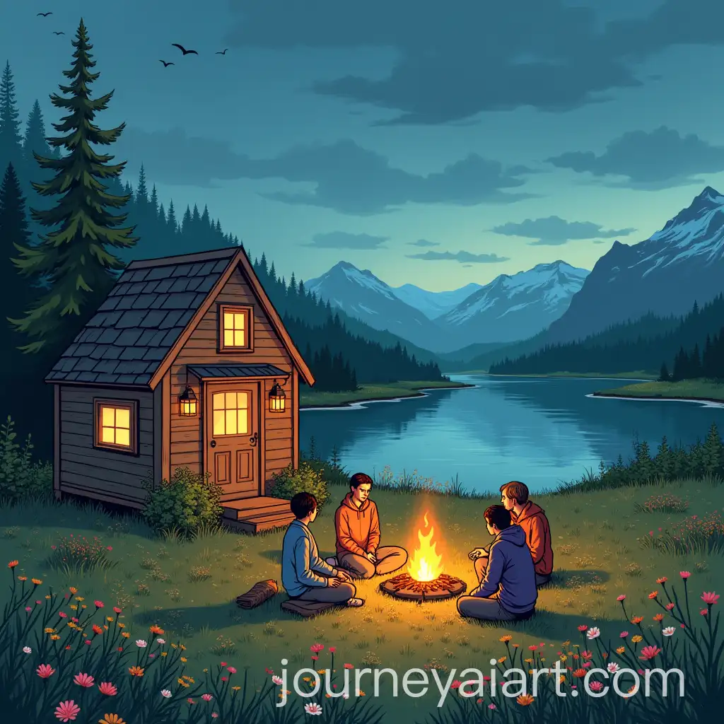 Friends-Enjoying-Campfire-by-Lake-in-ComicStyle-Setting