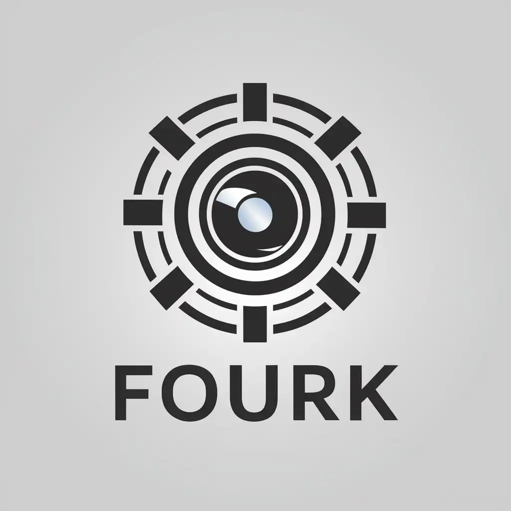 a vector logo design,with the text "fourK", main symbol:camera lens,complex,clear background