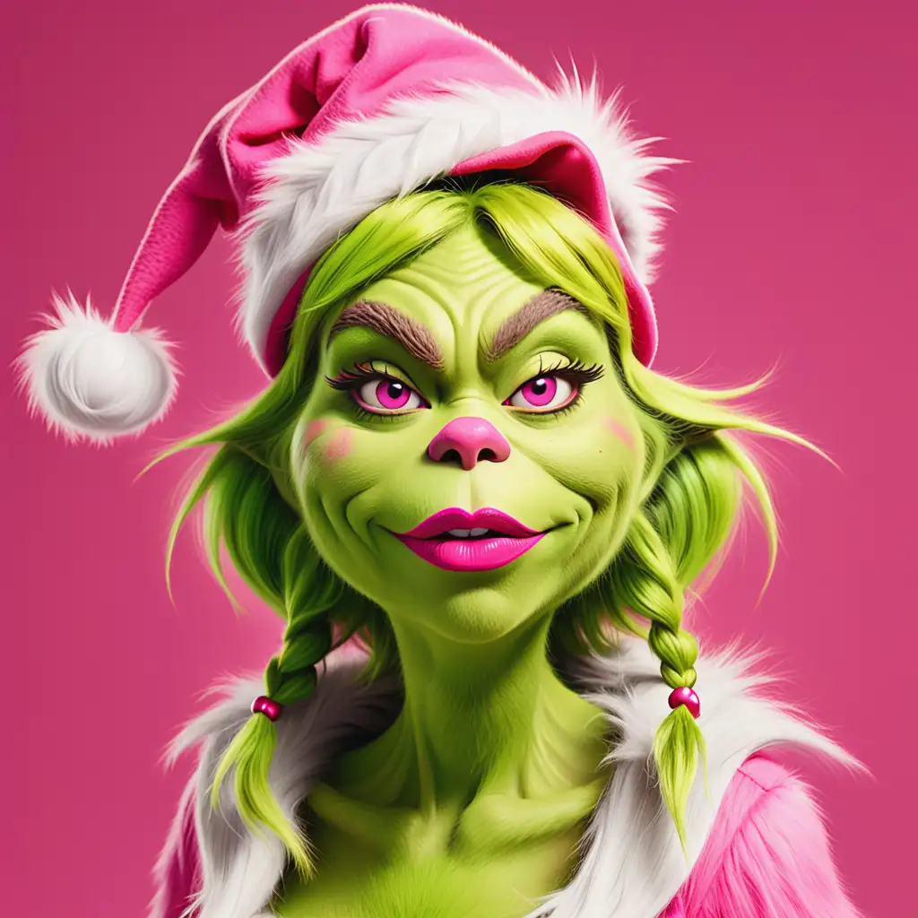 female grinch; wearing pink hat; pink cheeks and lipstick; full body
