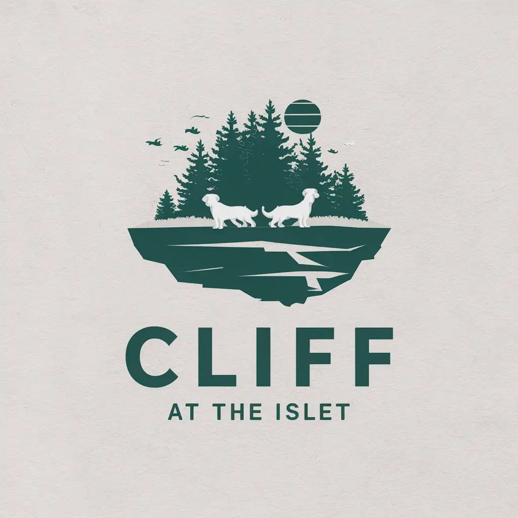 a vector logo design,with the text "cliff at the islet", main symbol:Dogs, small forest, island,Moderate,be used in Animals Pets industry,clear background