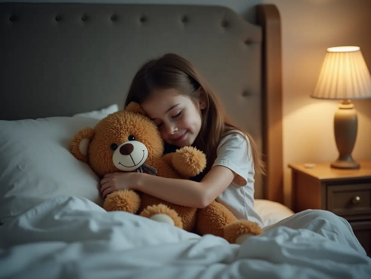 Young-Girl-Asleep-in-Bed-Hugging-a-Teddy-Bear-with-Nightstand-and-Lamp
